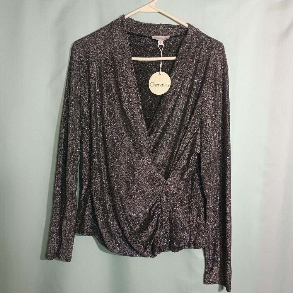 Chenault Black Metallic Sparkle Wrap Blouse Long Sleeve Party Top